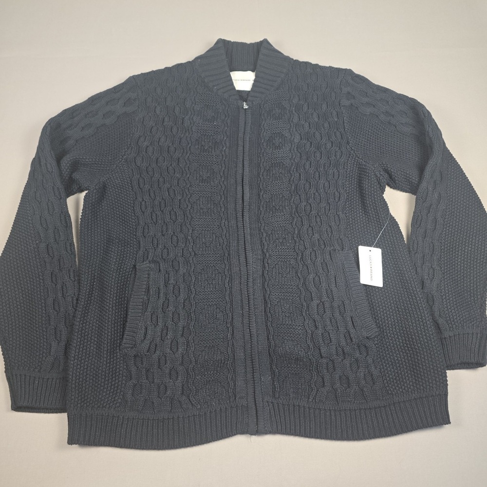 Lucky Brand Full Zip Cotton Sweater Men XL Cable Knit Black -New With Tag - Picture 2 of 11
